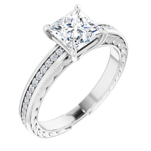 10K White Gold Customizable Princess/Square Cut Design with Rope-Filigree Hammered Inlay & Round Channel Accents