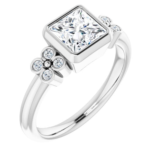 10K White Gold Customizable 9-stone Bezel-set Princess/Square Cut Design with Quad Round Bezel Side Stones Each Side