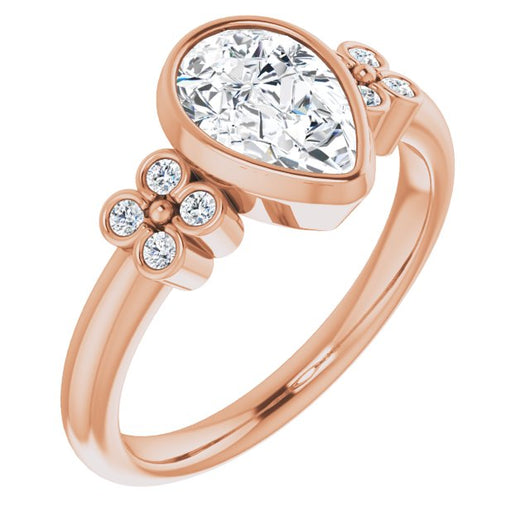 10K Rose Gold Customizable 9-stone Bezel-set Pear Cut Design with Quad Round Bezel Side Stones Each Side