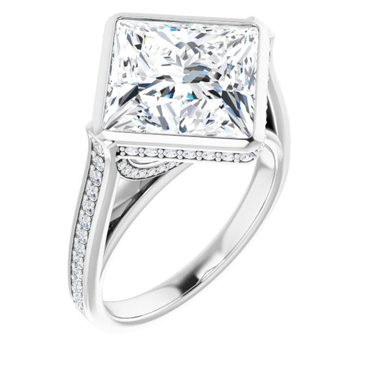 10K White Gold Customizable Cathedral-Bezel Princess/Square Cut Design with Under Halo and Shared Prong Band