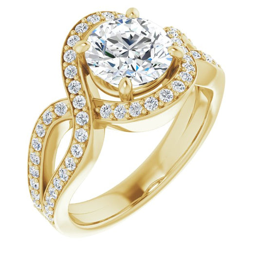 10K Yellow Gold Customizable Round Cut Center with Infinity-inspired Split Shared Prong Band and Bypass Halo