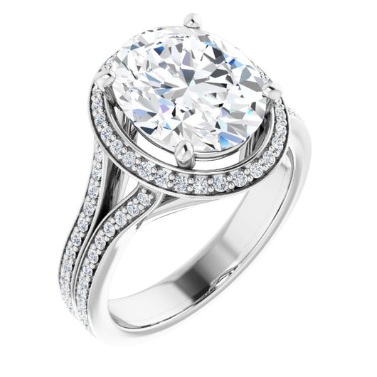 10K White Gold Customizable Cathedral-raised Oval Cut Setting with Halo and Shared Prong Band