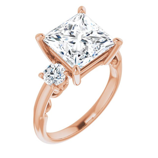 10K Rose Gold Customizable Princess/Square Cut 3-stone Style featuring Heart-Motif Band Enhancement