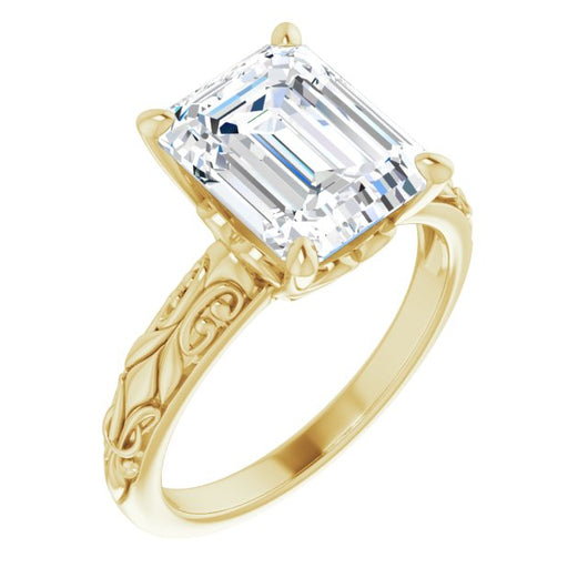 10K Yellow Gold Customizable Emerald/Radiant Cut Solitaire featuring Delicate Metal Scrollwork