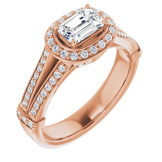 10K Rose Gold Customizable Emerald/Radiant Cut Setting with Halo, Under-Halo Trellis Accents and Accented Split Band