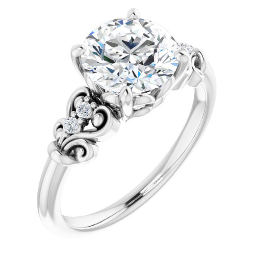 10K White Gold Customizable Vintage 5-stone Design with Round Cut Center and Artistic Band Décor