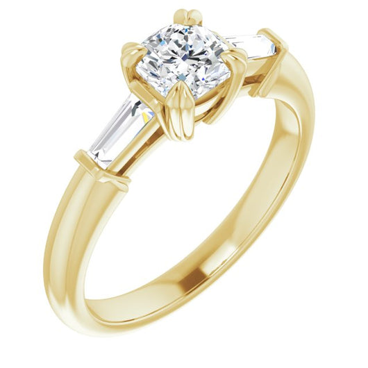 10K Yellow Gold Customizable 3-stone Cushion Cut Design with Tapered Baguettes