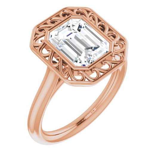 10K Rose Gold Customizable Cathedral-Bezel Style Emerald/Radiant Cut Solitaire with Flowery Filigree