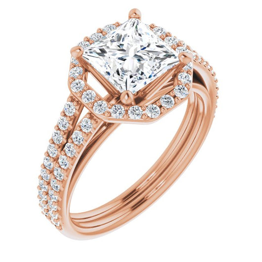 10K Rose Gold Customizable Cathedral Princess/Square Cut Design with Geometric Halo & Split Pavé Band