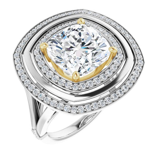 14K White & Yellow Gold Customizable Cushion Cut Oversized 2x Halo Style with Knuckle Accented Split Band