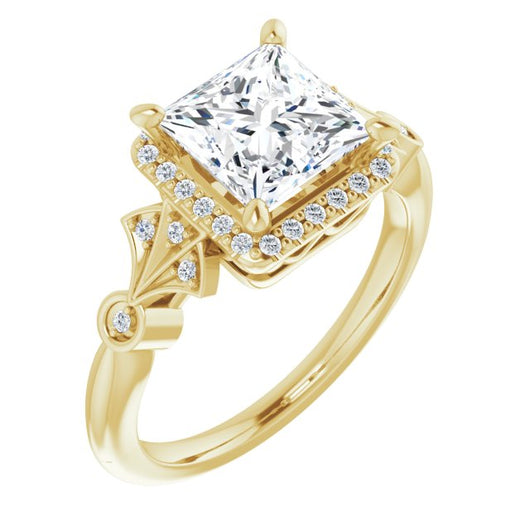 10K Yellow Gold Customizable Cathedral-Crown Princess/Square Cut Design with Halo and Scalloped Side Stones