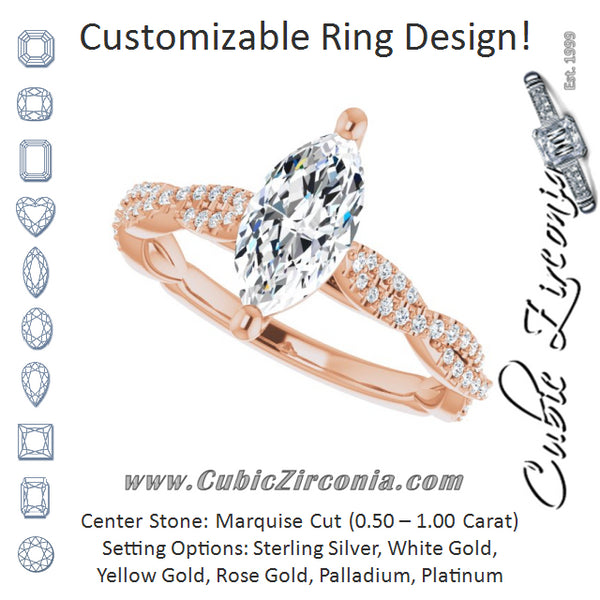 Cubic Zirconia Engagement Ring- The Alelli (Customizable Marquise Cut Style with Thin and Twisted Micropavé Band)