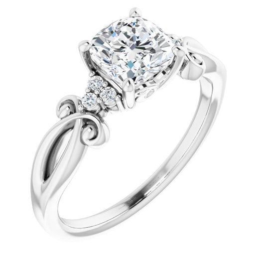 10K White Gold Customizable 7-stone Cushion Cut Design with Tri-Cluster Accents and Teardrop Fleur-de-lis Motif