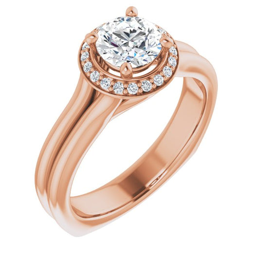 10K Rose Gold Customizable Round Cut Style with Halo, Wide Split Band and Euro Shank