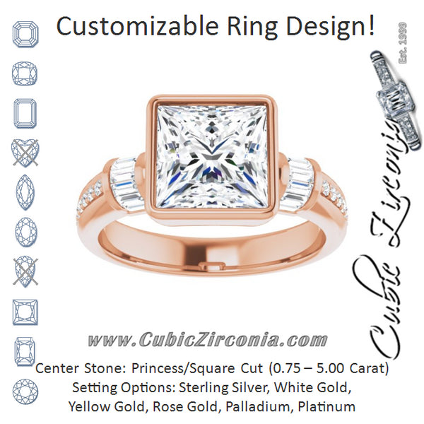 Cubic Zirconia Engagement Ring- The Danna (Customizable Cathedral-Bezel Princess/Square Cut Style with Horizontal Baguettes & Shared Prong Band)