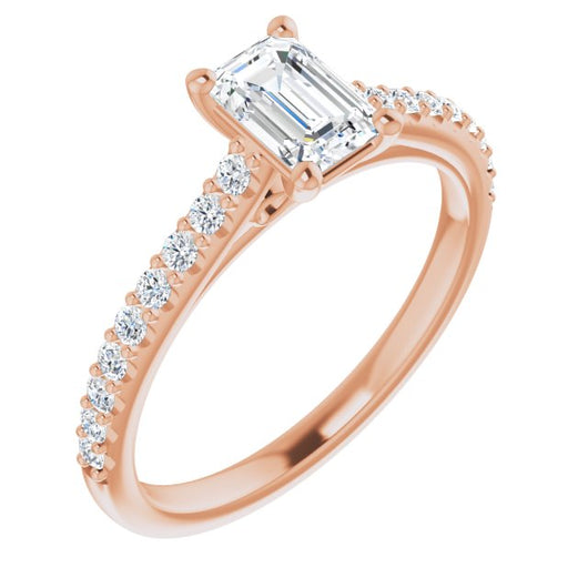 10K Rose Gold Customizable Cathedral-raised Emerald/Radiant Cut Design with Accented Band and Infinity Symbol Trellis Decoration