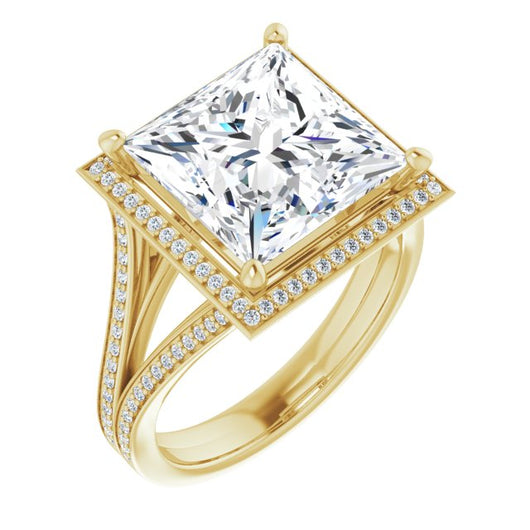 10K Yellow Gold Customizable Princess/Square Cut Design with Split-Band Shared Prong & Halo