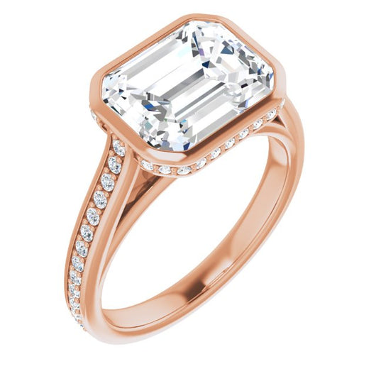 10K Rose Gold Customizable Cathedral-Bezel Emerald/Radiant Cut Design with Under Halo and Shared Prong Band