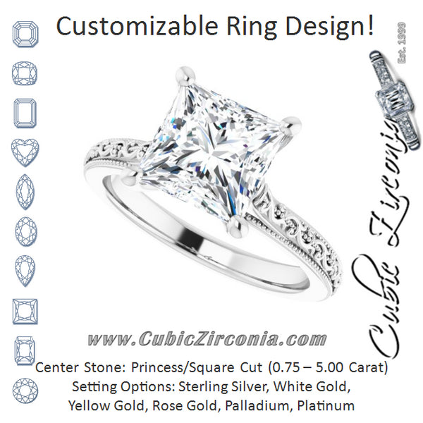 Cubic Zirconia Engagement Ring- The Conchita (Customizable Princess/Square Cut Solitaire with Delicate Milgrain Filigree Band)