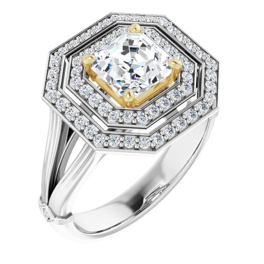 14K White & Yellow Gold Customizable Cathedral-set Asscher Cut Design with Double Halo, Wide Split Band and Side Knuckle Accents