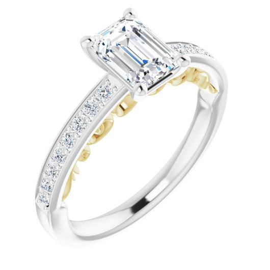 14K White & Yellow Gold Customizable Emerald/Radiant Cut Design featuring 3-Sided Infinity Trellis and Round-Channel Accented Band