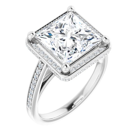 10K White Gold Customizable Cathedral-Halo Princess/Square Cut Design with Under-halo & Shared Prong Band