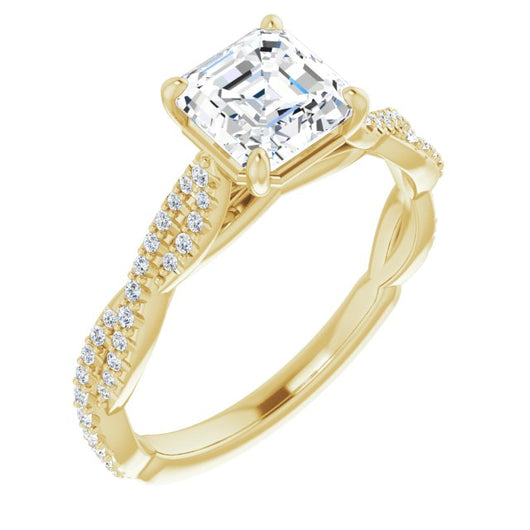 10K Yellow Gold Customizable Asscher Cut Style with Thin and Twisted Micropavé Band