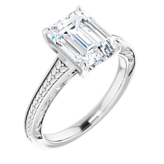 10K White Gold Customizable Emerald/Radiant Cut Solitaire with Organic Textured Band and Decorative Prong Basket