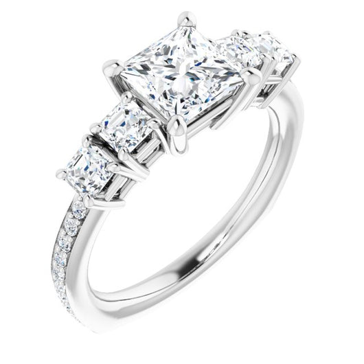 10K White Gold Customizable Princess/Square Cut 5-stone Style with Quad Princess/Square Accents plus Shared Prong Band