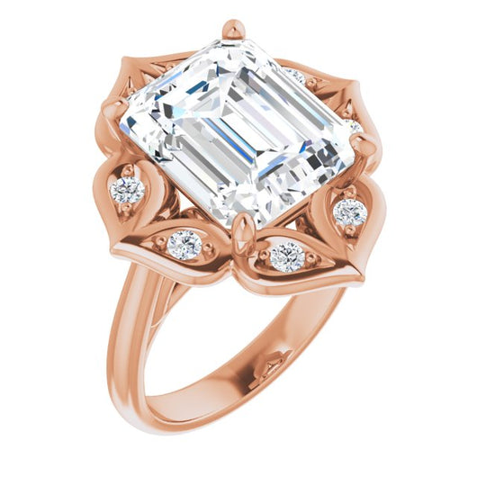 10K Rose Gold Customizable Cathedral-raised Emerald/Radiant Cut Design with Star Halo & Round-Bezel Peekaboo Accents