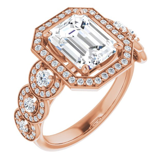 10K Rose Gold Customizable Cathedral-set Emerald/Radiant Cut 7-stone style Enhanced with 7 Halos