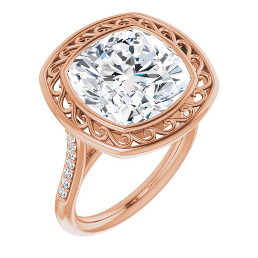 10K Rose Gold Customizable Cathedral-Bezel Cushion Cut Design with Floral Filigree and Thin Shared Prong Band