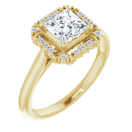 10K Yellow Gold Customizable Princess/Square Cut Design with Majestic Crown Halo and Raised Illusion Setting