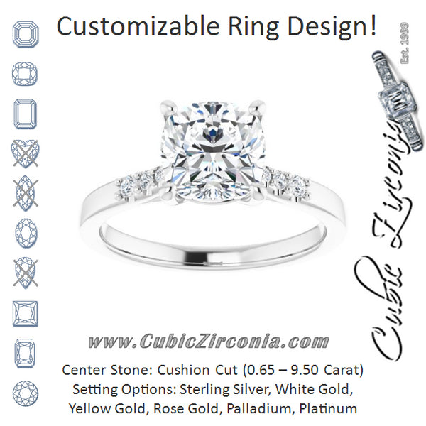 Cubic Zirconia Engagement Ring- The Kayla Love (Customizable 7-stone Cushion Cut Cathedral Style with Triple Graduated Round Cut Side Stones)