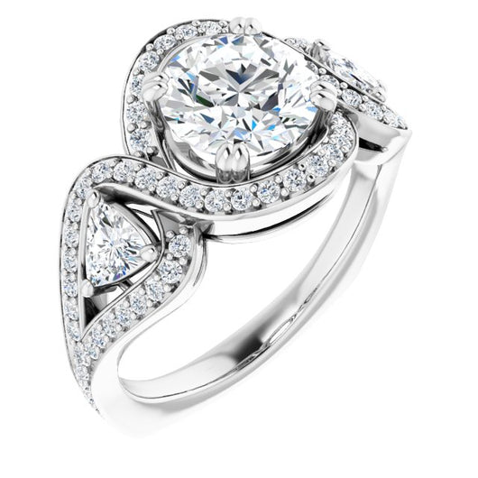 10K White Gold Customizable Round Cut Center with Twin Trillion Accents, Twisting Shared Prong Split Band, and Halo