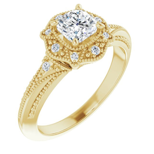 10K Yellow Gold Customizable Vintage Cushion Cut Design with Beaded Milgrain and Starburst Semi-Halo