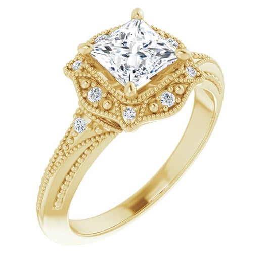 10K Yellow Gold Customizable Vintage Princess/Square Cut Design with Beaded Milgrain and Starburst Semi-Halo