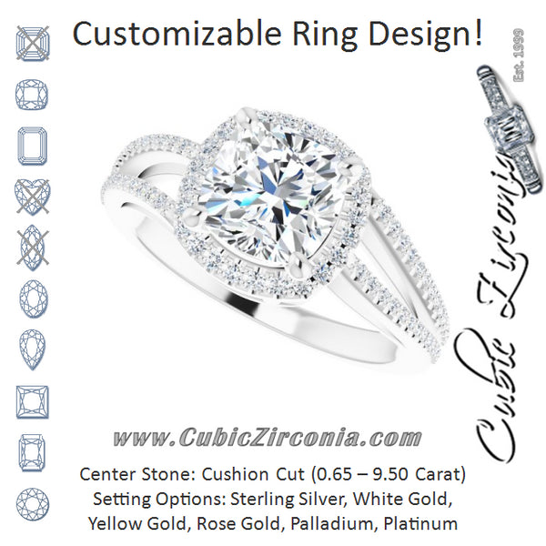 Cubic Zirconia Engagement Ring- The Claudette (Customizable Cushion Cut Vintage Design with Halo Style and Asymmetrical Split-Pavé Band)