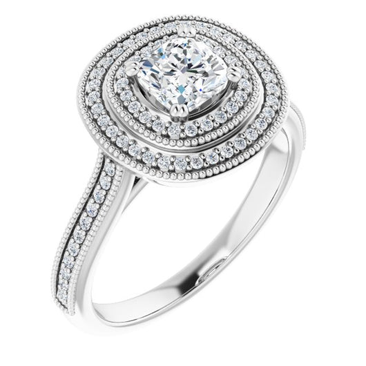 10K White Gold Customizable Cushion Cut Design with Elegant Double Halo, Houndstooth Milgrain and Band-Channel Accents