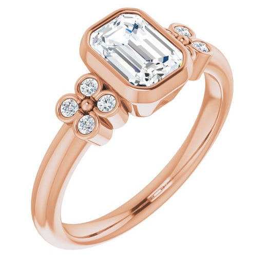 10K Rose Gold Customizable 9-stone Bezel-set Emerald/Radiant Cut Design with Quad Round Bezel Side Stones Each Side