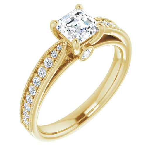 10K Yellow Gold Customizable Asscher Cut Style featuring Milgrained Shared Prong Band & Dual Peekaboos