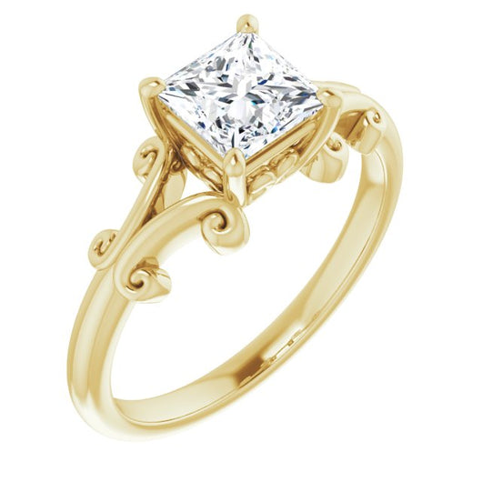 10K Yellow Gold Customizable Princess/Square Cut Solitaire with Band Flourish and Decorative Trellis