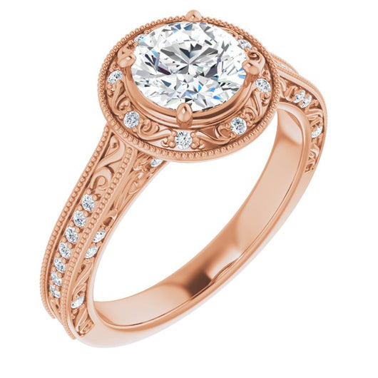 10K Rose Gold Customizable Vintage Artisan Round Cut Design with 3-Sided Filigree and Side Inlay Accent Enhancements