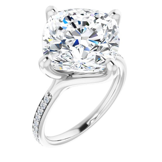 10K White Gold Customizable Cushion Cut Design featuring Thin Band and Shared-Prong Round Accents