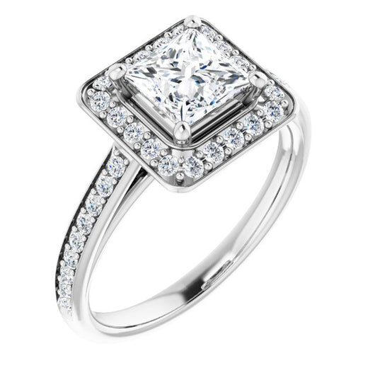 10K White Gold Customizable Cathedral-raised Princess/Square Cut Halo-and-Accented Band Design