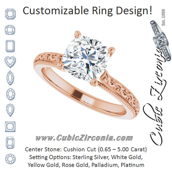 Cubic Zirconia Engagement Ring- The Conchita (Customizable Cushion Cut Solitaire with Delicate Milgrain Filigree Band)