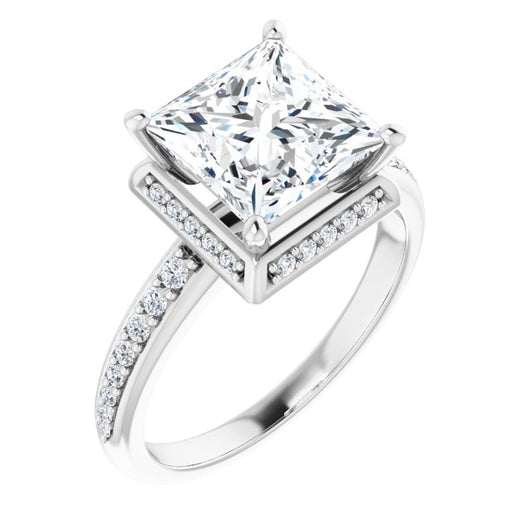 10K White Gold Customizable Princess/Square Cut Design with Geometric Under-Halo and Shared Prong Band