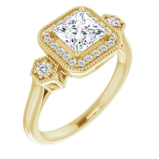 10K Yellow Gold Customizable Cathedral Princess/Square Cut Design with Halo and Delicate Milgrain