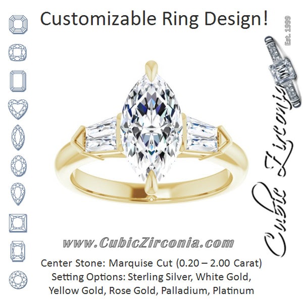 Cubic Zirconia Engagement Ring- The Fortunada (Customizable 5-stone Design with Marquise Cut Center and Quad Baguettes)