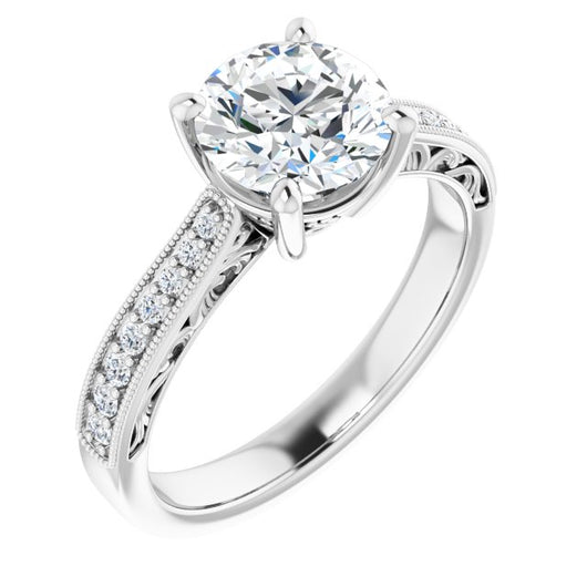 10K White Gold Customizable Round Cut Design with Round Band Accents and Three-sided Filigree Engraving